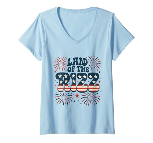Damen Land of the Rizz Groovy 4. Juli Patriotischer amerikanischer Stolz T-Shirt mit V-Ausschnitt von Land of the Rizz Groovy 4th of July American Pride
