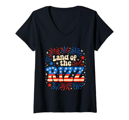 Damen Land of the Rizz Groovy 4. Juli Patriotischer amerikanischer Stolz T-Shirt mit V-Ausschnitt Damen Land of the Rizz Groovy 4. Juli Patriotischer amerikanischer Stolz T-Shirt mit V-Ausschnitt von Land of the Rizz Groovy 4th of July American Pride