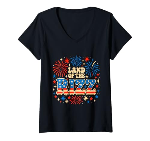 Damen Land of the Rizz Groovy 4. Juli Patriotischer amerikanischer Stolz T-Shirt mit V-Ausschnitt Damen Land of the Rizz Groovy 4. Juli Patriotischer amerikanischer Stolz T-Shirt mit V-Ausschnitt von Land of the Rizz Groovy 4th of July American Pride