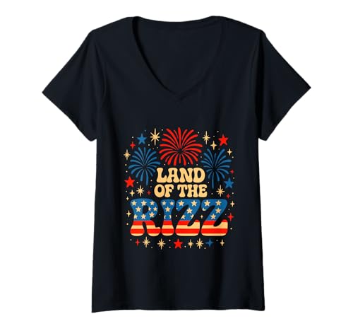 Damen Land of the Rizz Groovy 4. Juli Patriotischer amerikanischer Stolz T-Shirt mit V-Ausschnitt Damen Land of the Rizz Groovy 4. Juli Patriotischer amerikanischer Stolz T-Shirt mit V-Ausschnitt von Land of the Rizz Groovy 4th of July American Pride