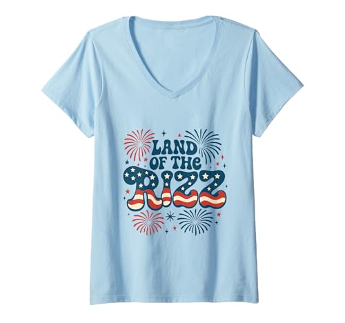 Damen Land of the Rizz Groovy 4. Juli Patriotisches Feuerwerk USA T-Shirt mit V-Ausschnitt Damen Land of the Rizz Groovy 4. Juli Patriotisches Feuerwerk USA T-Shirt mit V-Ausschnitt von Land of the Rizz Groovy 4th of July American Pride