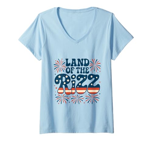 Damen Land of the Rizz Groovy 4. Juli Patriotisches Feuerwerk USA T-Shirt mit V-Ausschnitt Damen Land of the Rizz Groovy 4. Juli Patriotisches Feuerwerk USA T-Shirt mit V-Ausschnitt von Land of the Rizz Groovy 4th of July American Pride