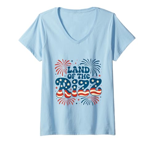 Damen Land of the Rizz Groovy 4. Juli Patriotisches Feuerwerk USA T-Shirt mit V-Ausschnitt Damen Land of the Rizz Groovy 4. Juli Patriotisches Feuerwerk USA T-Shirt mit V-Ausschnitt von Land of the Rizz Groovy 4th of July American Pride