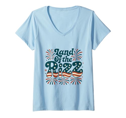 Damen Land of the Rizz Groovy 4. Juli Patriotisches Feuerwerk USA T-Shirt mit V-Ausschnitt Damen Land of the Rizz Groovy 4. Juli Patriotisches Feuerwerk USA T-Shirt mit V-Ausschnitt von Land of the Rizz Groovy 4th of July American Pride