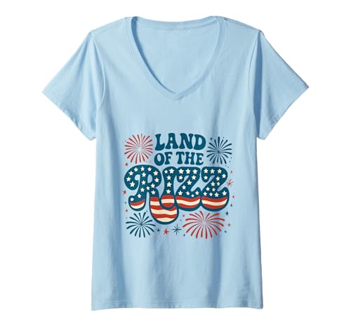 Damen Land of the Rizz Groovy 4. Juli Patriotisches Feuerwerk USA T-Shirt mit V-Ausschnitt Damen Land of the Rizz Groovy 4. Juli Patriotisches Feuerwerk USA T-Shirt mit V-Ausschnitt von Land of the Rizz Groovy 4th of July American Pride