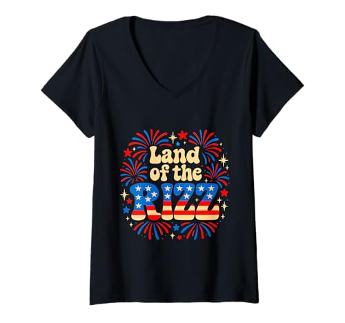 Damen Land of the Rizz Groovy 4. Juli Patriotisches Feuerwerk USA T-Shirt mit V-Ausschnitt Damen Land of the Rizz Groovy 4. Juli Patriotisches Feuerwerk USA T-Shirt mit V-Ausschnitt von Land of the Rizz Groovy 4th of July American Pride