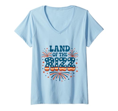 Damen Land of the Rizz Groovy 4. Juli Patriotisches Feuerwerk USA T-Shirt mit V-Ausschnitt Damen Land of the Rizz Groovy 4. Juli Patriotisches Feuerwerk USA T-Shirt mit V-Ausschnitt von Land of the Rizz Groovy 4th of July American Pride