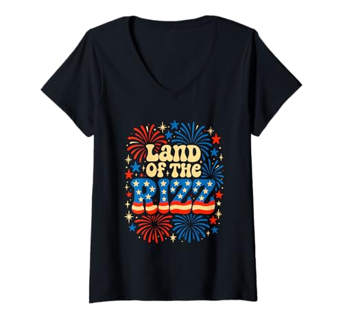 Damen Land of the Rizz Groovy 4. Juli Patriotisches Feuerwerk USA T-Shirt mit V-Ausschnitt Damen Land of the Rizz Groovy 4. Juli Patriotisches Feuerwerk USA T-Shirt mit V-Ausschnitt von Land of the Rizz Groovy 4th of July American Pride
