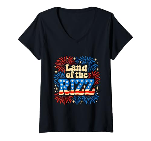Damen Land of the Rizz Groovy 4. Juli Patriotisches Feuerwerk USA T-Shirt mit V-Ausschnitt Damen Land of the Rizz Groovy 4. Juli Patriotisches Feuerwerk USA T-Shirt mit V-Ausschnitt von Land of the Rizz Groovy 4th of July American Pride