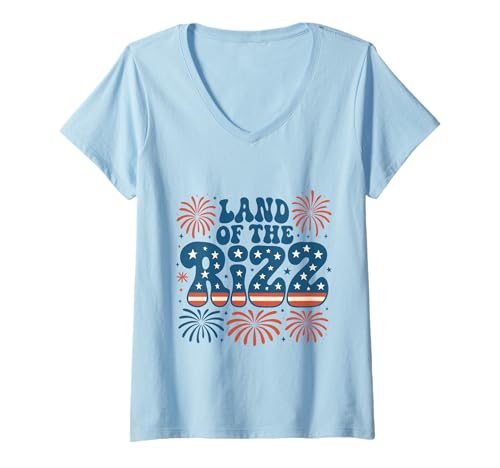 Damen Land of the Rizz Groovy 4. Juli Patriotisches Feuerwerk USA T-Shirt mit V-Ausschnitt Damen Land of the Rizz Groovy 4. Juli Patriotisches Feuerwerk USA T-Shirt mit V-Ausschnitt von Land of the Rizz Groovy 4th of July American Pride