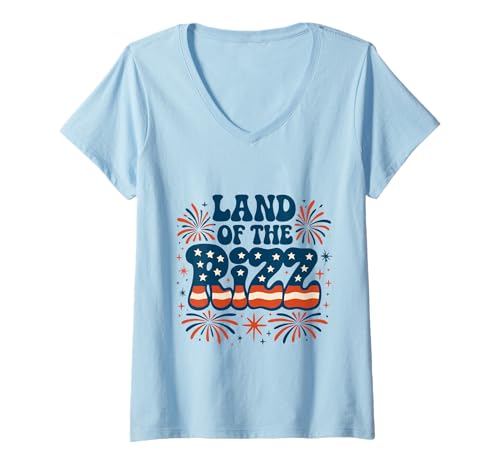 Damen Land of the Rizz Groovy 4. Juli Patriotisches Feuerwerk USA T-Shirt mit V-Ausschnitt Damen Land of the Rizz Groovy 4. Juli Patriotisches Feuerwerk USA T-Shirt mit V-Ausschnitt von Land of the Rizz Groovy 4th of July American Pride
