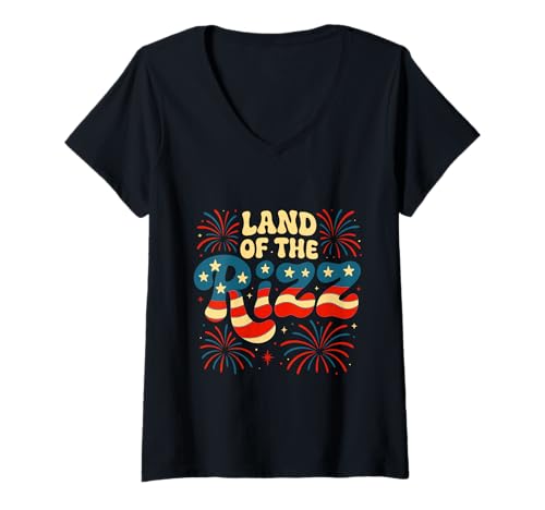 Damen Land of the Rizz Groovy 4. Juli Patriotisches Feuerwerk USA T-Shirt mit V-Ausschnitt Damen Land of the Rizz Groovy 4. Juli Patriotisches Feuerwerk USA T-Shirt mit V-Ausschnitt von Land of the Rizz Groovy 4th of July American Pride