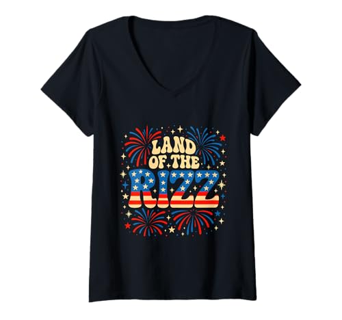 Damen Land of the Rizz Groovy 4. Juli Patriotisches Feuerwerk USA T-Shirt mit V-Ausschnitt Damen Land of the Rizz Groovy 4. Juli Patriotisches Feuerwerk USA T-Shirt mit V-Ausschnitt von Land of the Rizz Groovy 4th of July American Pride