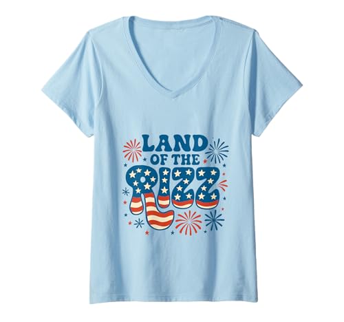 Damen Land of the Rizz Groovy 4. Juli Patriotisches Feuerwerk USA T-Shirt mit V-Ausschnitt Damen Land of the Rizz Groovy 4. Juli Patriotisches Feuerwerk USA T-Shirt mit V-Ausschnitt von Land of the Rizz Groovy 4th of July American Pride