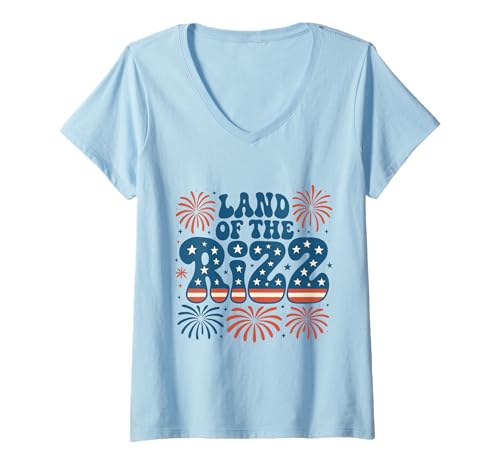 Damen Land of the Rizz Groovy 4. Juli Patriotisches Feuerwerk USA T-Shirt mit V-Ausschnitt Damen Land of the Rizz Groovy 4. Juli Patriotisches Feuerwerk USA T-Shirt mit V-Ausschnitt von Land of the Rizz Groovy 4th of July American Pride
