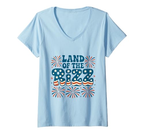 Damen Land of the Rizz Groovy 4. Juli Patriotisches Feuerwerk USA T-Shirt mit V-Ausschnitt Damen Land of the Rizz Groovy 4. Juli Patriotisches Feuerwerk USA T-Shirt mit V-Ausschnitt von Land of the Rizz Groovy 4th of July American Pride