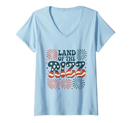 Damen Land of the Rizz Vintage USA Groovy 4. Juli Feuerwerk T-Shirt mit V-Ausschnitt Damen Land of the Rizz Vintage USA Groovy 4. Juli Feuerwerk T-Shirt mit V-Ausschnitt von Land of the Rizz Groovy 4th of July American Pride