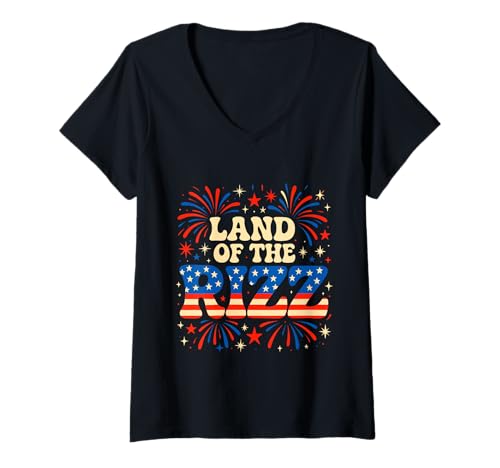 Damen Land of the Rizz Vintage USA Groovy 4. Juli Feuerwerk T-Shirt mit V-Ausschnitt Damen Land of the Rizz Vintage USA Groovy 4. Juli Feuerwerk T-Shirt mit V-Ausschnitt von Land of the Rizz Groovy 4th of July American Pride