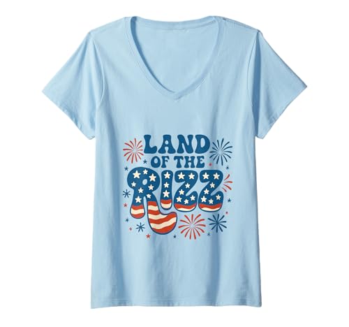 Damen Land of the Rizz Vintage USA Groovy 4. Juli Feuerwerk T-Shirt mit V-Ausschnitt Damen Land of the Rizz Vintage USA Groovy 4. Juli Feuerwerk T-Shirt mit V-Ausschnitt von Land of the Rizz Groovy 4th of July American Pride