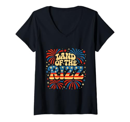 Damen Land of the Rizz Vintage USA Groovy 4. Juli Feuerwerk T-Shirt mit V-Ausschnitt Damen Land of the Rizz Vintage USA Groovy 4. Juli Feuerwerk T-Shirt mit V-Ausschnitt von Land of the Rizz Groovy 4th of July American Pride