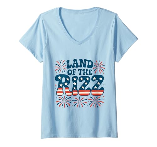Damen Land of the Rizz Vintage USA Groovy 4. Juli Feuerwerk T-Shirt mit V-Ausschnitt Damen Land of the Rizz Vintage USA Groovy 4. Juli Feuerwerk T-Shirt mit V-Ausschnitt von Land of the Rizz Groovy 4th of July American Pride