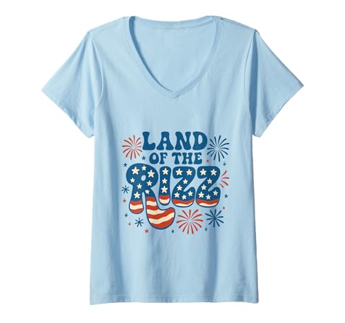 Damen Land of the Rizz Vintage USA Groovy 4. Juli Feuerwerk T-Shirt mit V-Ausschnitt Damen Land of the Rizz Vintage USA Groovy 4. Juli Feuerwerk T-Shirt mit V-Ausschnitt von Land of the Rizz Groovy 4th of July American Pride