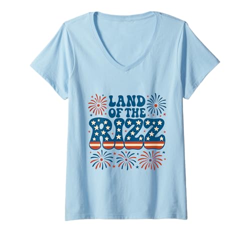 Damen Land of the Rizz Vintage USA Groovy 4. Juli Feuerwerk T-Shirt mit V-Ausschnitt Damen Land of the Rizz Vintage USA Groovy 4. Juli Feuerwerk T-Shirt mit V-Ausschnitt von Land of the Rizz Groovy 4th of July American Pride
