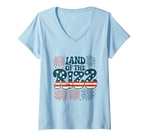 Damen Land of the Rizz Vintage USA Groovy 4th of Juli Firework USA T-Shirt mit V-Ausschnitt Damen Land of the Rizz Vintage USA Groovy 4th of Juli Firework USA T-Shirt mit V-Ausschnitt von Land of the Rizz Groovy 4th of July American Pride