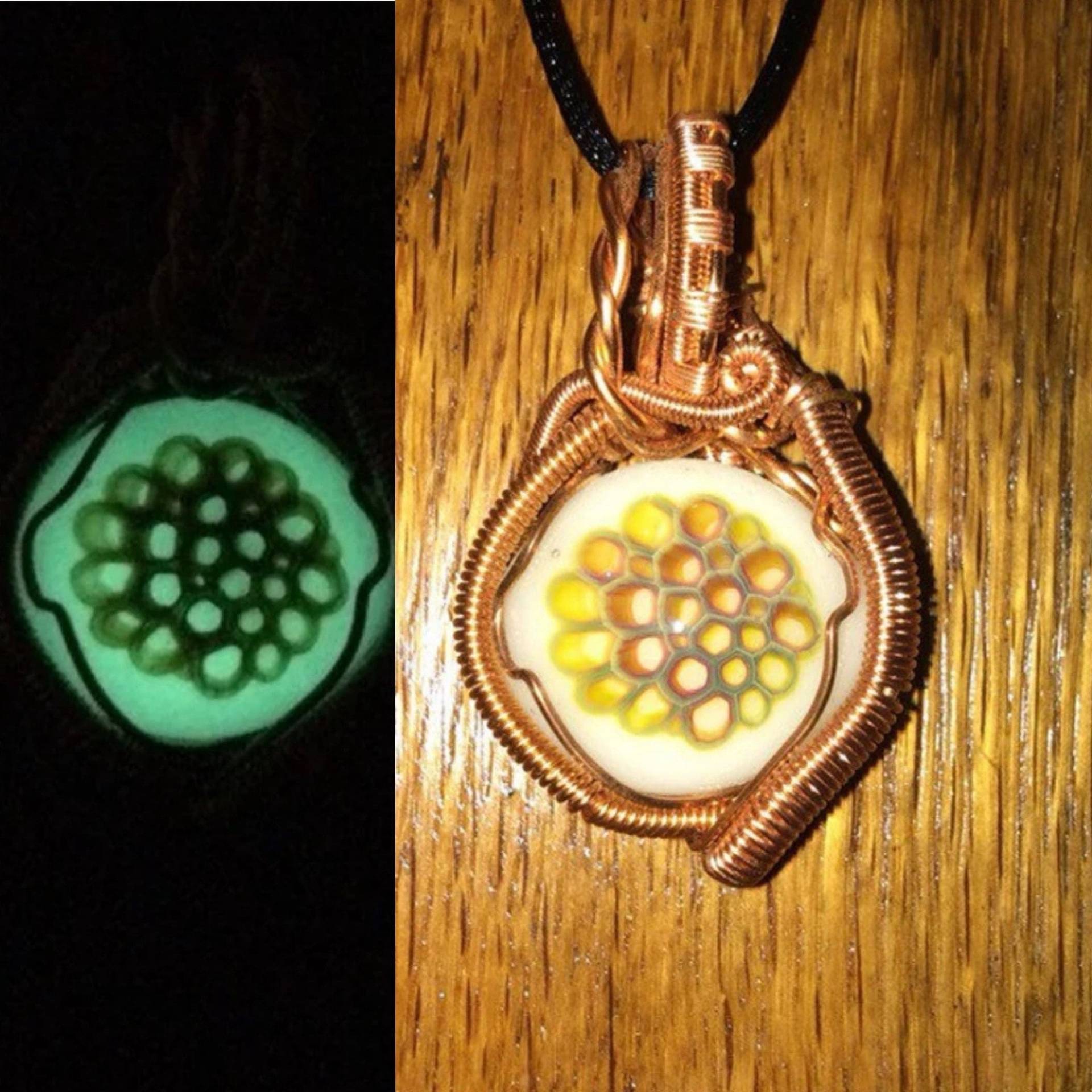 Glow-In-The-Dark Honeycomb Wirewrap Glasanhänger Glow-In-The-Dark Honeycomb Wirewrap Glasanhänger von LandOfTheSkyGlass