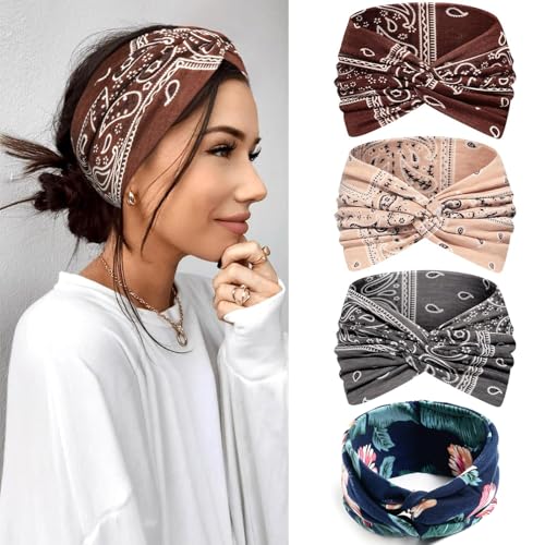 4 Haarband Damen, Boho Kleidung, Bandana Damen für Yoga und Sommer, 22cm × 10cm in 4 Farben (Braun, Beige，Grau, Blaugrün) von LandReCol