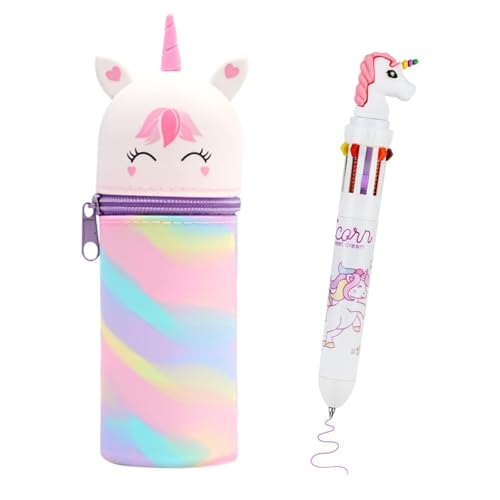 LandReCol 2er Set federmäppchen mädchen, mäppchen Mädchen 2-in-1 Kawaii Federmäppchen Einhorn & 10 Colours Roller Ball Multicolor Pen Set für Schule/Büro/Kinder – Lernbedarf mit Reißverschluss von LandReCol