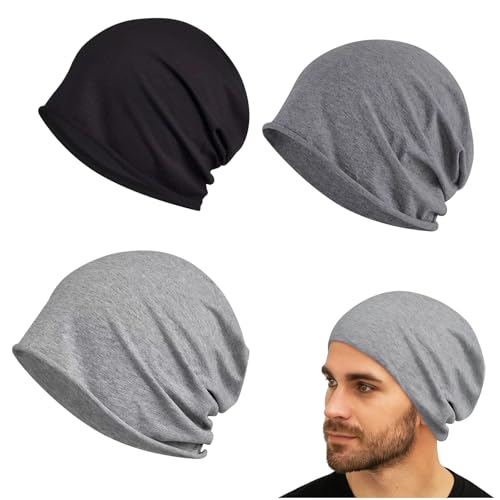 LandReCol 3 Stück Dünne Mütze Herren Damen – Beanie Mütze Sommer & Herbst für Damen und Herren – Weiche Skull Cap Chemo Kopfbedeckung Unisex in Schwarz, Dunkelgrau & Hellgrau von LandReCol