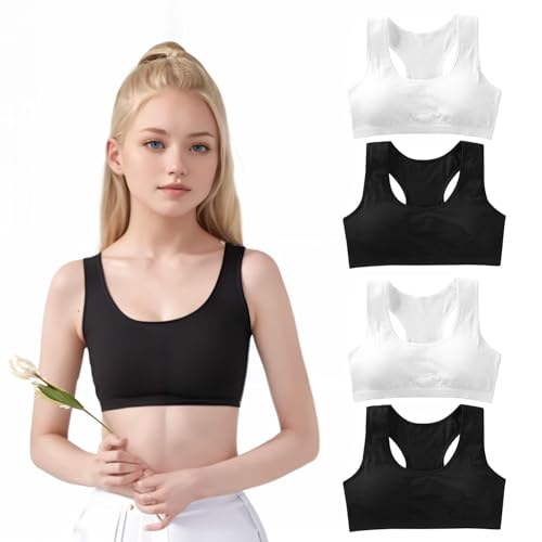 LandReCol 4er-Pack Mädchen-BH aus weicher Baumwolle, bauchfrei & Nicht Gepolsterter Trainings-BH, für Mädchen & Teenager 8-14 Jahre | Crop-Top mit verstellbarem Band von LandReCol