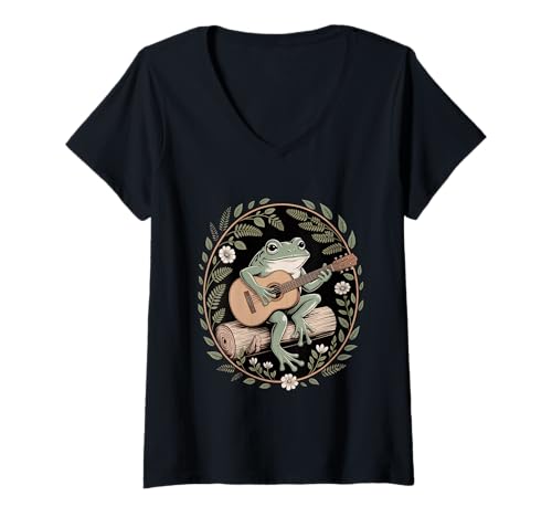 Damen Cottagecore Frosch Gitarre Wald Blumen Folk T-Shirt mit V-Ausschnitt Damen Cottagecore Frosch Gitarre Wald Blumen Folk T-Shirt mit V-Ausschnitt von Landhaus Cottagecore Natur Frosch Gitarre