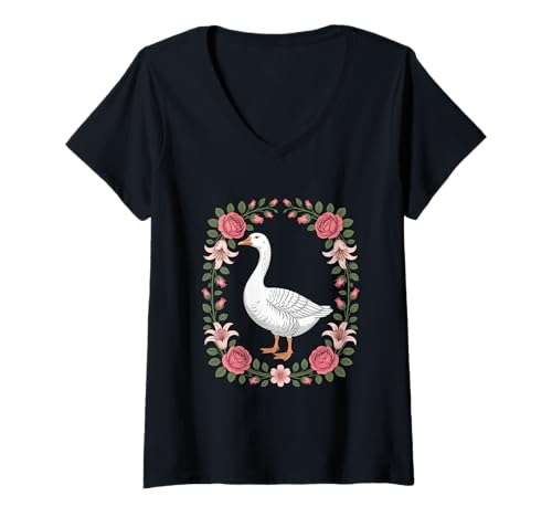 Damen Cottagecore Gans Rosengarten Blumenkranz T-Shirt mit V-Ausschnitt Damen Cottagecore Gans Rosengarten Blumenkranz T-Shirt mit V-Ausschnitt von Landhausstil Cottagecore Gans Rosen Blumen Natur