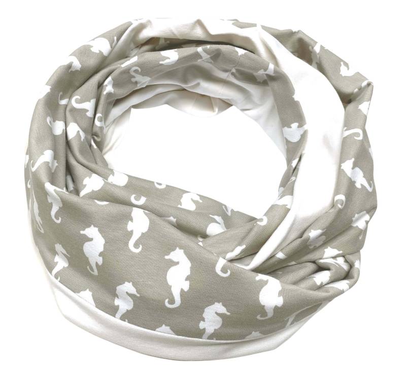 Landhuis Handmade- Maritimer Loop Schal Mit Seepferdchen in Beige Und Wollweiß - Handgemacht -Schlauchschal Aus Baumwolljersey von LandhuisDe