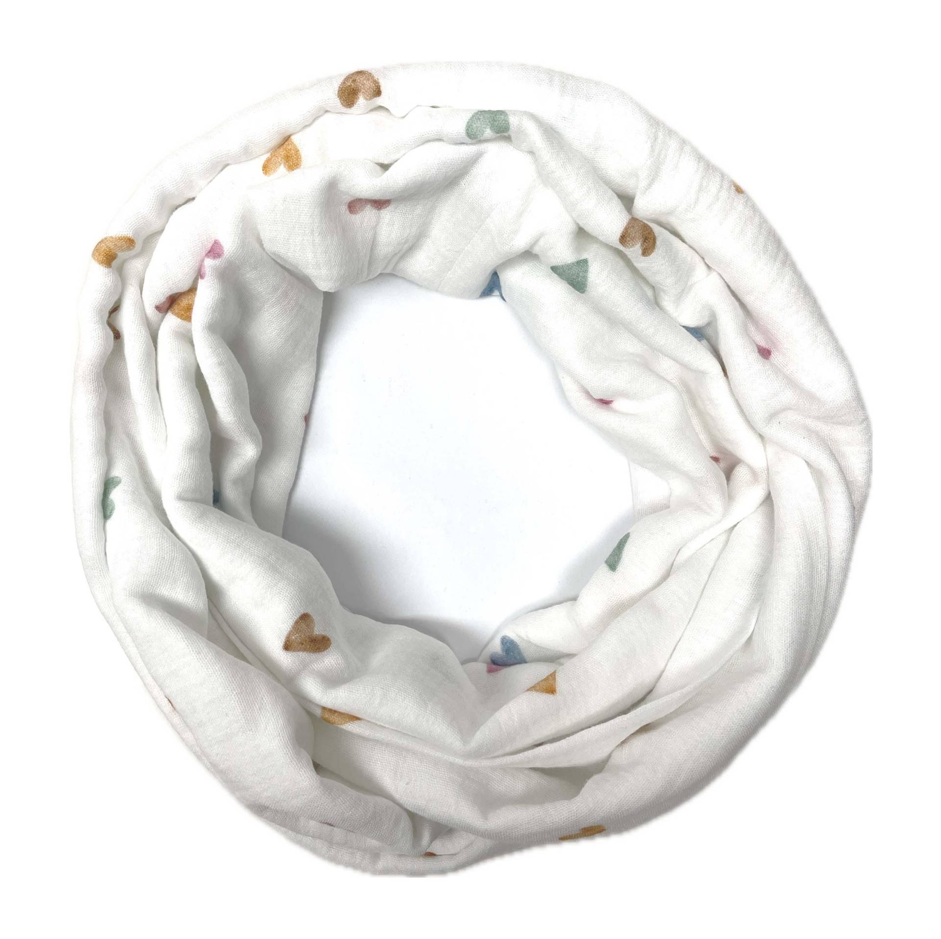 Landhuis Handmade - Musselin-Loop Weiß Mit Bunten Herzchen Leichter Schal Aus Baumwoll-Musselin Handgefertigt, Weich & Luftig von LandhuisDe