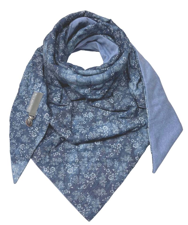 Landhuis Handmade - Dreieckstuch Blau Steppstoff Mit Blüten & Jersey Schal Clipverschluss Romantisch, Weich, Beidseitig Tragbar von LandhuisDe