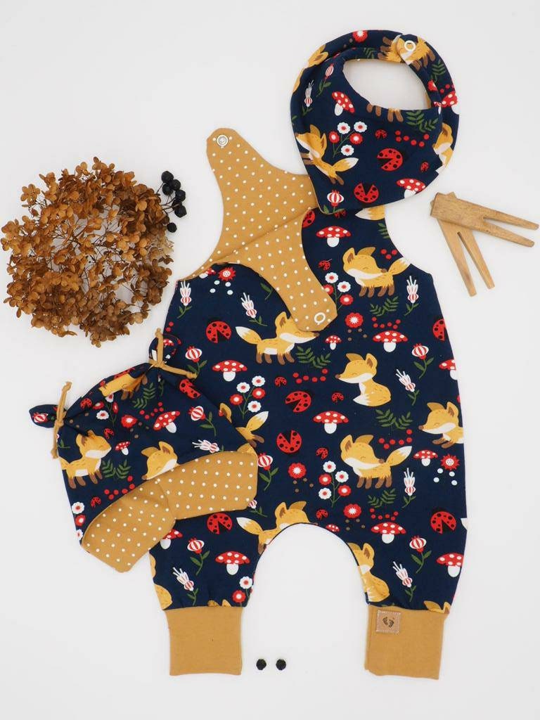 3Er Set Strampler Mütze Und Halstuch Waldtiere Fuchs Marineblau Beige von Landjuwel