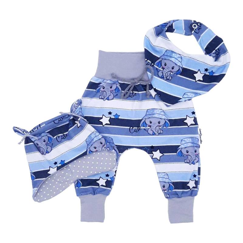 Elefant Blau Grau 3Er Set Hose Mütze Und Tuch Geburt Taufe Geschenk Babyparty von Landjuwel