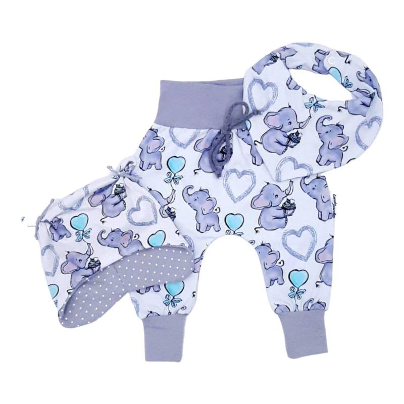 Elefant Weiß Grau 3Er Set Hose Mütze Und Tuch von Landjuwel