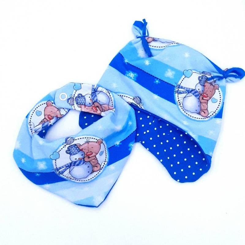 Öhrchenmütze + Halstuch Schneemann Blau Streifen Punkte von Landjuwel