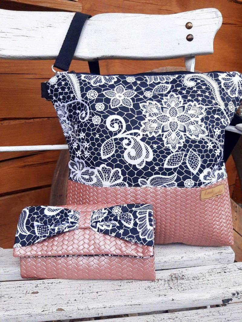 Set Schultertasche Und Geldbörse Zopfmuster Ornamente Schwarz Rosa Geschenk Land-Juwelen von Landjuwel