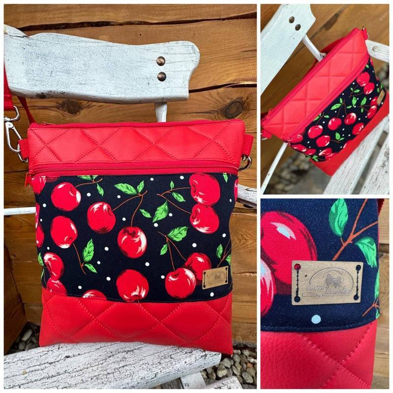 Umhängetasche Land-Juwelen Rot Kirschen Rockabilly Schwarz Gesteppt Geschenk Geburtstag Frauengeschenk von Landjuwel