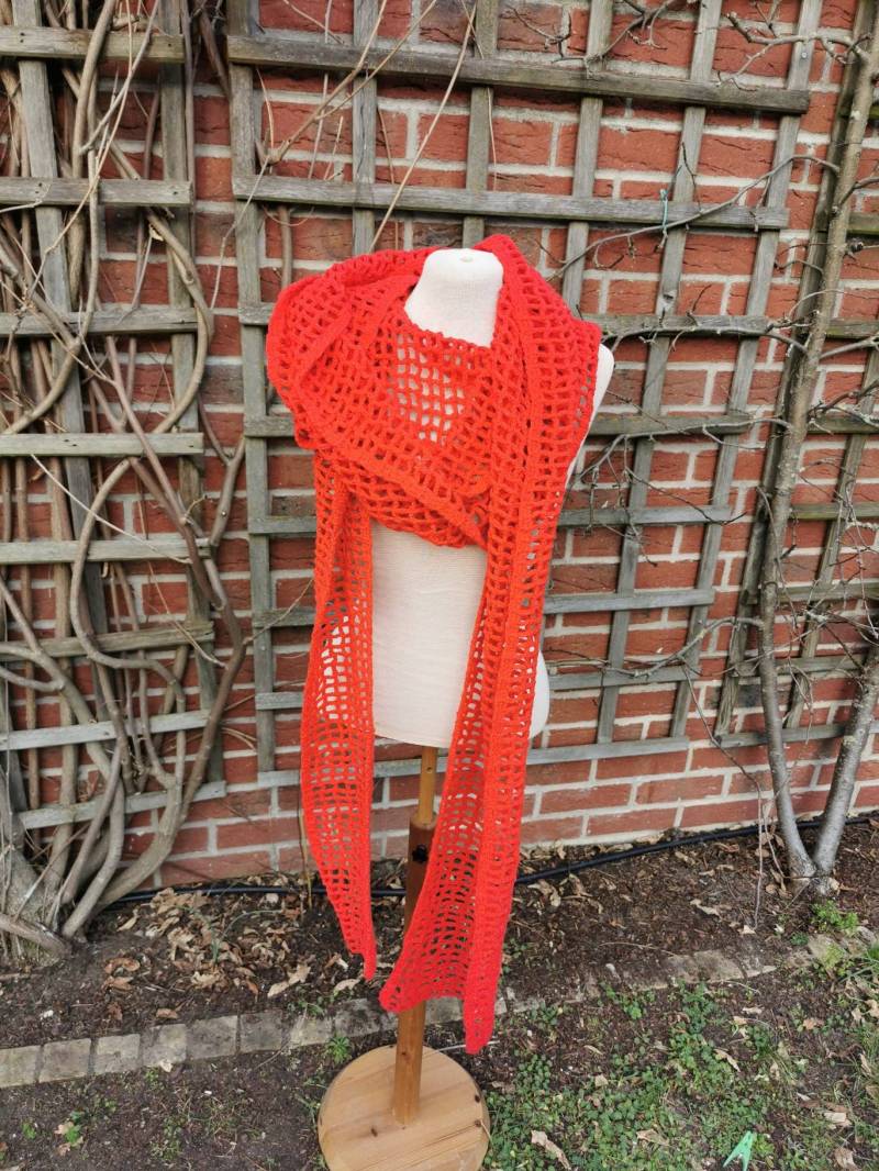 Handarbeit Vintage Wollschal 5M Lang Rot Sehr Stola Häkelschal von Landmum