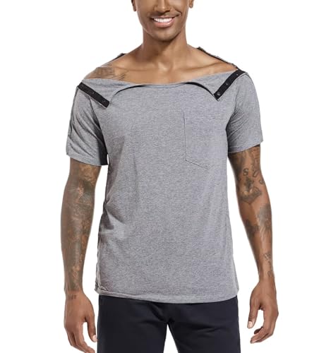 Landofgenie Activewear-T-Shirts Sportshirts Herren und Damen Hemd nach der Schulter Erholungs-T-Shirt Funktionsshirt mit Druckknöpfe Grau S von Landofgenie