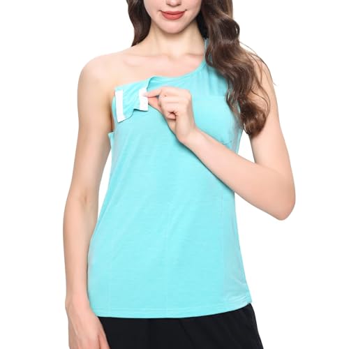 Landofgenie Activewear-Tanktops für Damen Shirt nach Schulteroperationen Reha Snap Open Tearaway Tanktop mit Snap Chemo Rotatorenmanschette Kleidung Cyan XL von Landofgenie