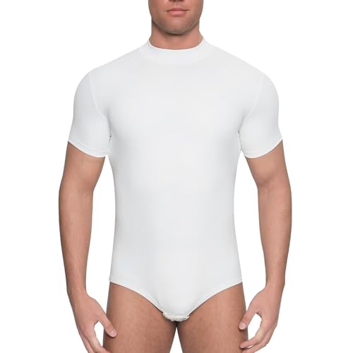 Landofgenie Body Herren Kurzarm mit Halbhohem Kragen Elastisches Bodysuit für Business-Casual & Everyday Dehnbares Basicshirt Weiß L von Landofgenie