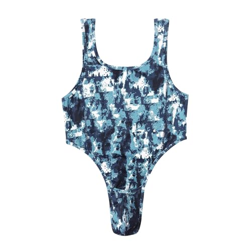 Landofgenie Body Herren U-Ausschnitt Camo Ärmellos Tank Top Bodysuit Tanga Onesie Strampler für Erwachsene Blau M von Landofgenie