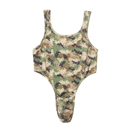 Landofgenie Body Herren U-Ausschnitt Camo Ärmellos Tank Top Bodysuit Tanga Onesie Strampler für Erwachsene Gelb M von Landofgenie